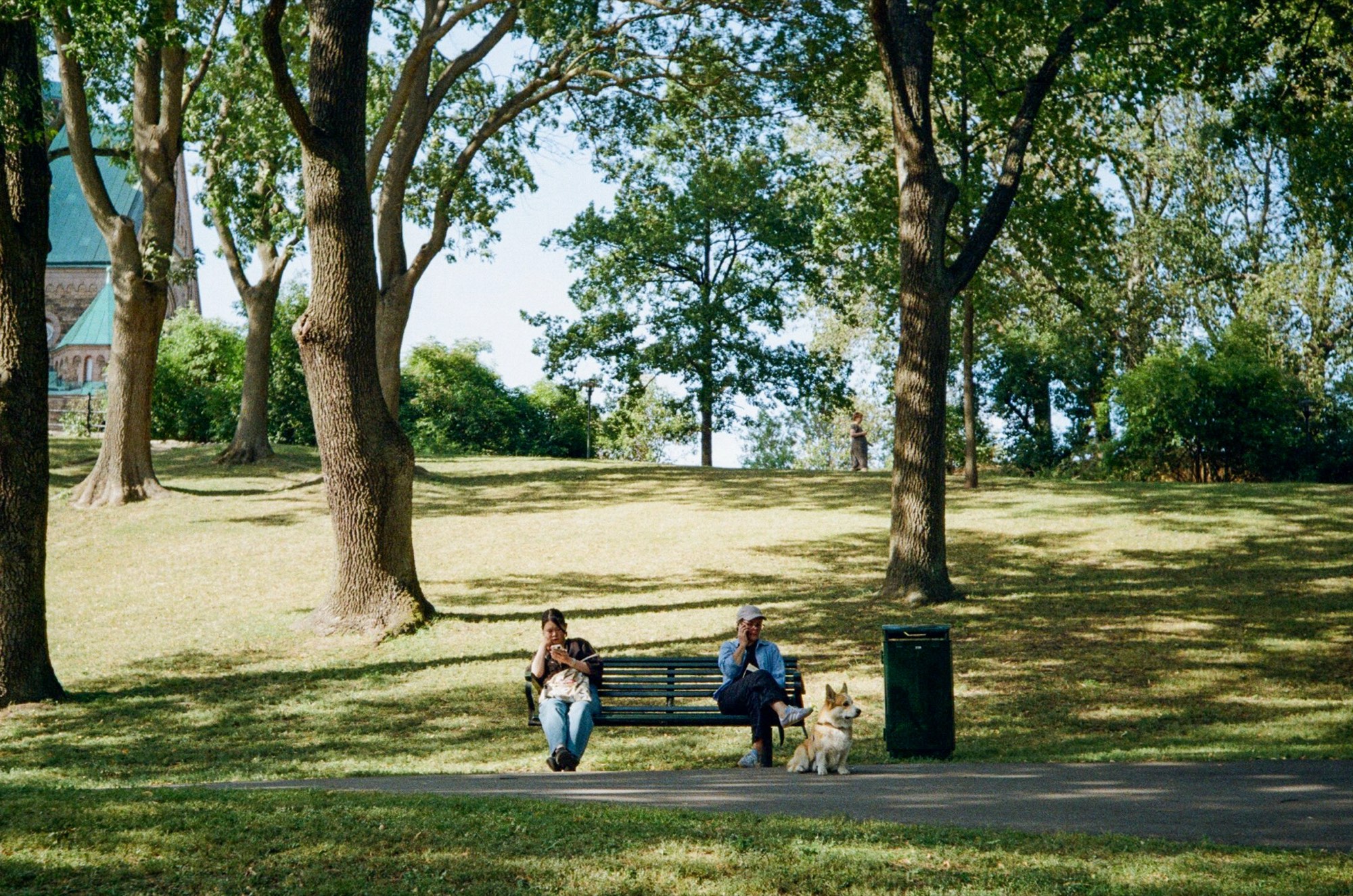 People resting on a park bench with a corgi under tall trees in dappled afternoon light, Stockholm, Sweden - Street photography by Rocco Goldschmidt
